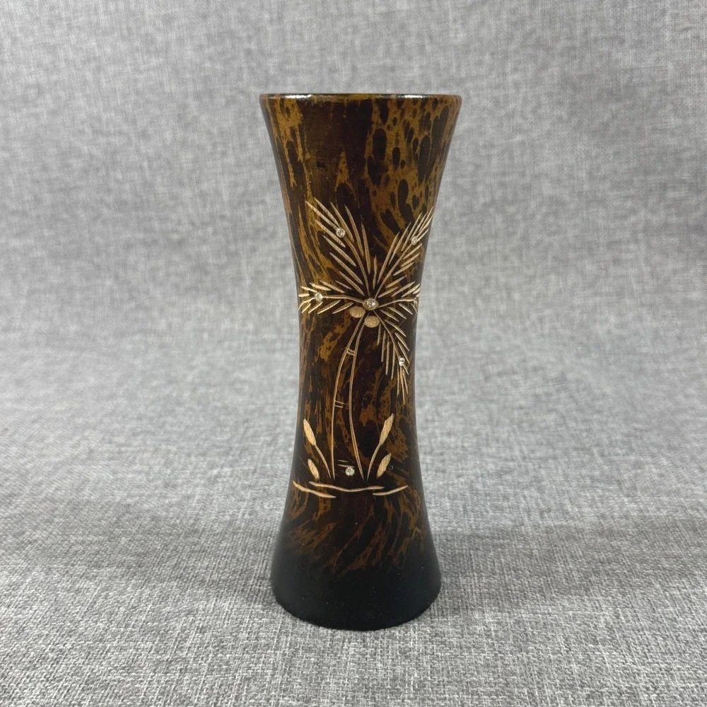Hand Carved Wooden Flower Bud Vase Palm Tree Jamaica Brown Boho Tropical 7.5
